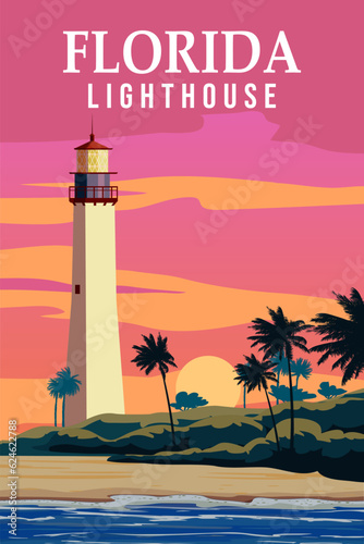 Retro Poster Key West Lighthouse Florida. Palm, coast, ocean vector