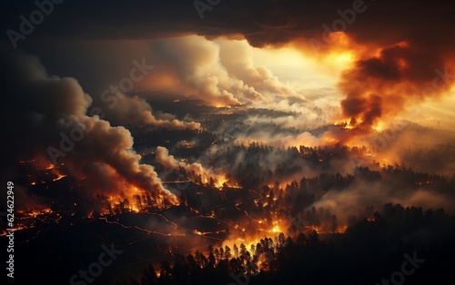 Aerial view of a forest on fire. AI