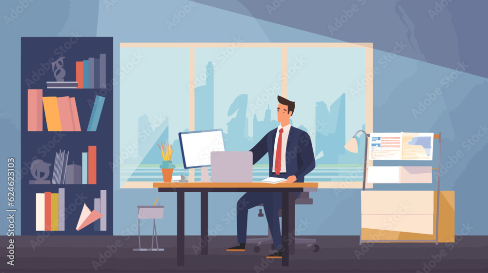 Concept vector illustration of a businessman working in an office.