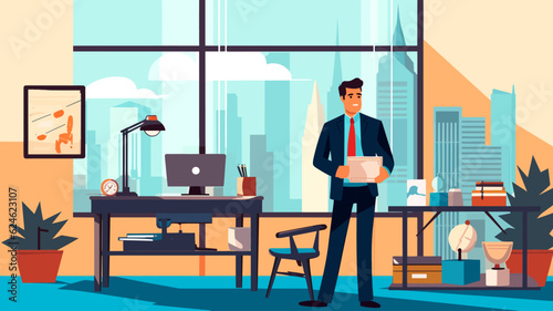 Concept vector illustration of a businessman working in an office.