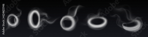 Smoke steam circle ring vector cloud effect. 3d realistic vape or hookah fog line swirl art. Magic transparent smoky puff shape template. isolated abstract creative vapour overlay trail