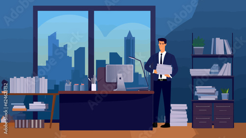 Concept vector illustration of a businessman working in an office.