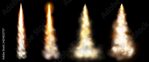 Rocket smoke speed fire trail cloud vector isolated effect. 3d realistic plane or jet launch contrail flame spray. Shuttle or spaceship takeoff explosionin sky. Aircraft condensation track texture