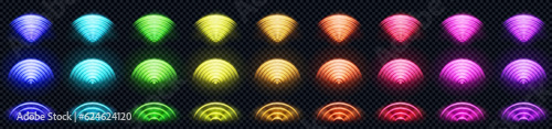 3d wifi neon light technology wireless signal. Abstract wave vector sign in purple, red, blue and green with laser glow radial design collection. Internet router ring icon for computer network set.