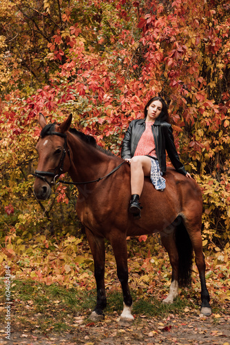 Young beautiful woman posing on a horse in the forest. Autumn nature