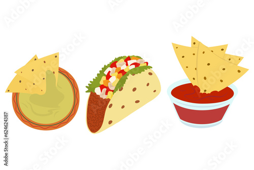 Set of 3 most popular Mexican dishes. Tacos, nachos and salsa sauce. Latin American food cuisine.