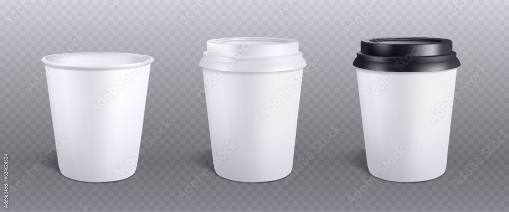 3d white paper coffee cup isolated vector mockup. Disposable drink mock up for takeaway hot espresso from cafe with plastic black lid. Cappuccino cardboard package container render design illustration 3d white paper coffee cup isolated vector mockup. Disposable drink mock up for takeaway hot espresso from cafe with plastic black lid. Cappuccino cardboard package container render design illustration