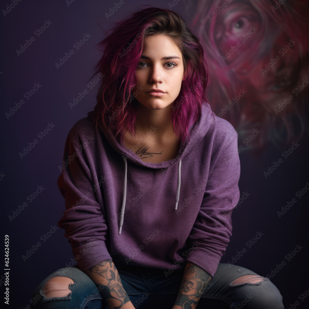 Close up of a lesbian young woman with purple hair isolated from the background. Generative AI Close up of a lesbian young woman with purple hair isolated from the background. Generative AI