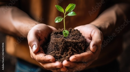 Closeup shot of a man holding a green plant in palm of his hand. Concept of save environment, tree planting, green eco-friendly nature, new beginnings of hope. Generative AI