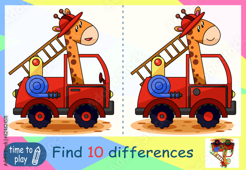 children's educational game. find the difference. fire truck. giraffe. wasp. bee. car