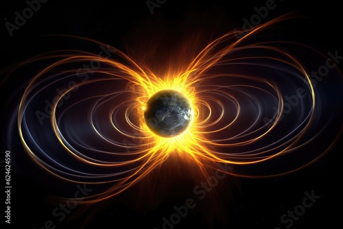 Magnetic lines of force surrounding Earth known as the magnetosphere deflecting solar wind and radiation from the Sun. Generative AI