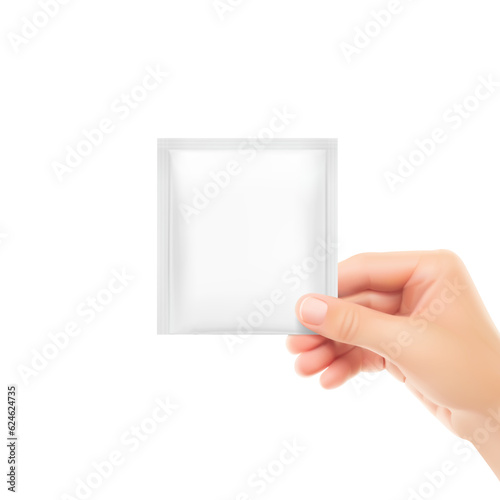 The right hand holds the sachet package. Vector illustration isolated on a white background. Can be used to present your product. EPS10.
