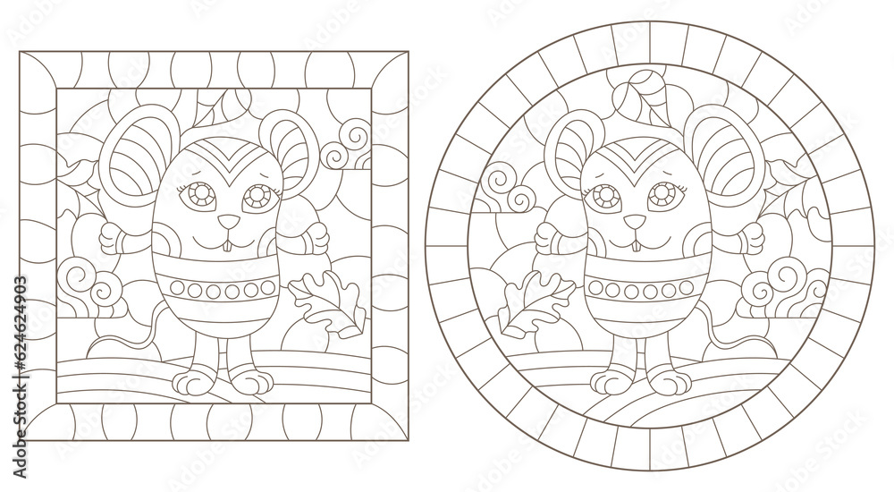 A set of contour illustrations in the style of stained glass with cute cartoon mice, dark contours on a white background A set of contour illustrations in the style of stained glass with cute cartoon mice, dark contours on a white background