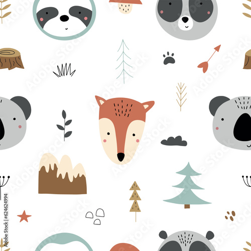 Fototapeta Naklejka Na Ścianę i Meble -  Seamless childish pattern with funny animals faces . Creative scandinavian kids texture for fabric, wrapping, textile, wallpaper, apparel. Vector illustration