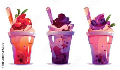 Cartoon set of plastic cups of bubble tea with straw. Vector illustration of colorful cocktails decorated with whipped cream, cranberries, chocolate, brambles and mint leaves. Trendy japanese beverage