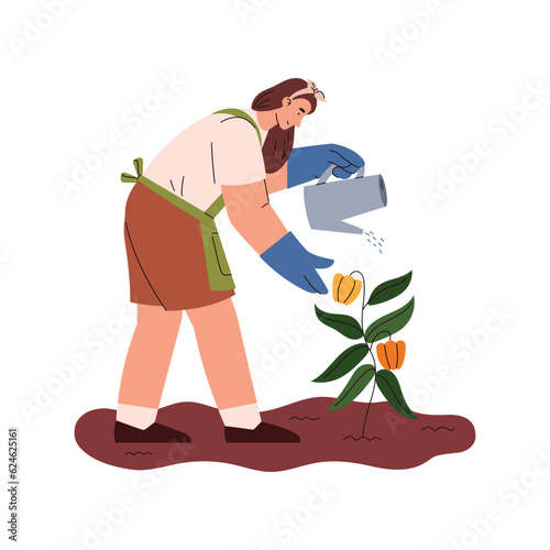 Farmer or gardener watering plant with watercan, vector illustration isolated.