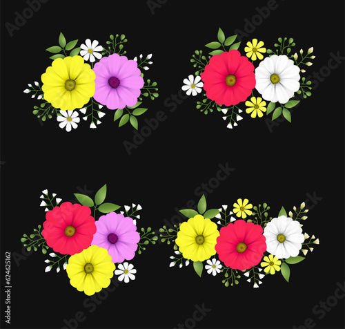 Fototapeta Naklejka Na Ścianę i Meble -  Daisy flowers leaves garland with yellow, white, red and purple color set. Floral hand drawn for bouquets, wreaths, arrangements, wedding invitations, anniversary, birthday, postcards, greetings