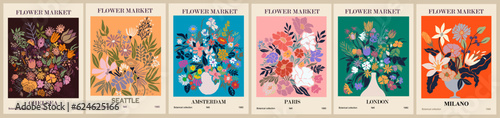 Set of abstract Flower Market posters. Trendy botanical wall arts with floral design in bright colors. Modern naive groovy funky interior decorations, paintings. Vector art illustration. #624625166