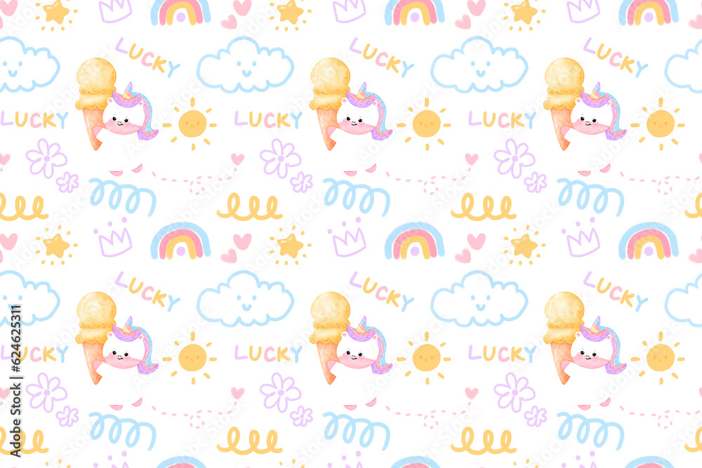 pattern with cute unicorns, clouds, rainbow and stars. Magic background with unicorns. Watercolor style. pattern with cute unicorns, clouds, rainbow and stars. Magic background with unicorns. Watercolor style.
