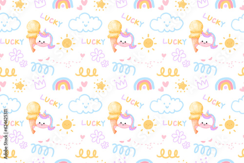pattern with cute unicorns, clouds, rainbow and stars. Magic background with unicorns. Watercolor style.  