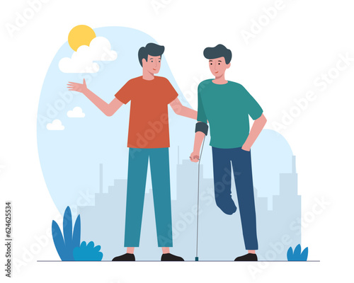 Patient without leg walking outside, talking with young friend. Concept of helping and recovering people with special needs. Flat vector illustration in cartoon style