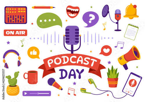 International Podcast Day Vector Illustration on September 30 with Broadcasting Studio Tools to Event Livestream in Cartoon Hand Drawn Templates