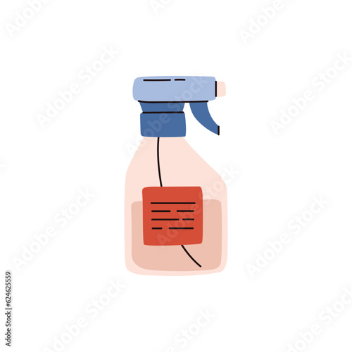 Vector illustration of spray bottle with pink liquid, hand garden sprayer with label isolated on white background