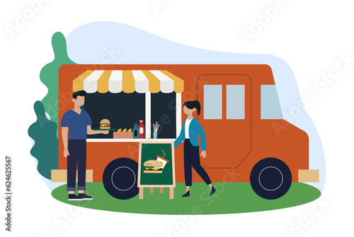 Man buying sandwich to female. Selling food outdoors. Kiosk with fast food and coffee, summer trading tents with vendors and customers. Flat vector illustration in cartoon style
