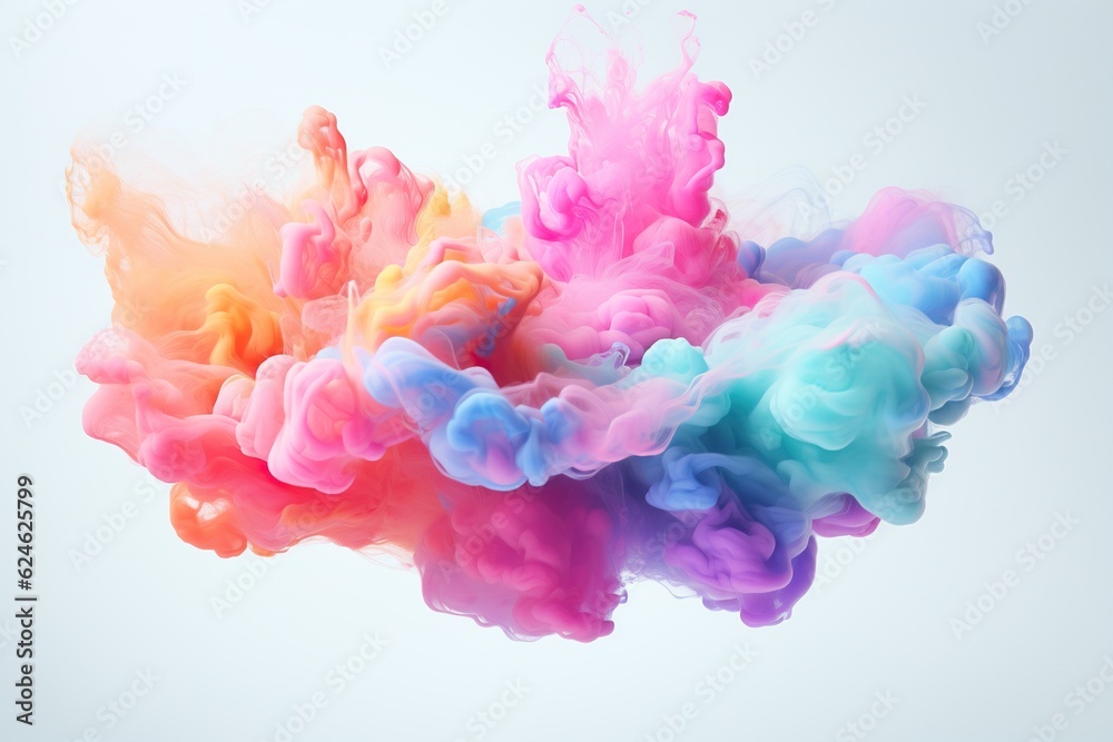 close up of colorful clouds flying in the air, levitation,rainbow palete,white lighting