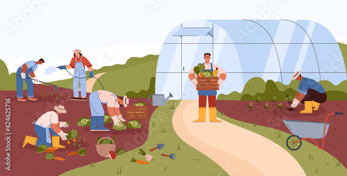 People working on farm with greenhouse scene flat style