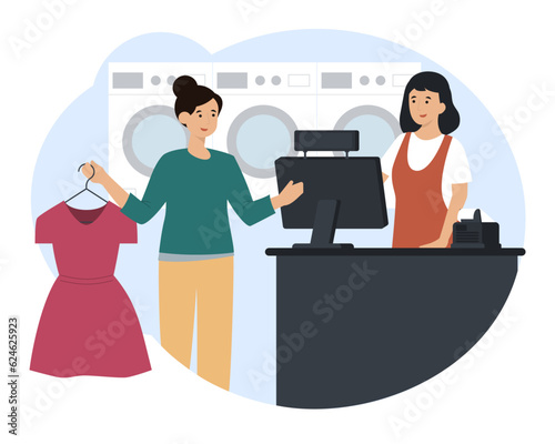 Woman standing at checkout, holding dress and consults with cashier. Concept of public laundry and dry cleaning. Flat vector illustration in blue colors in cartoon style