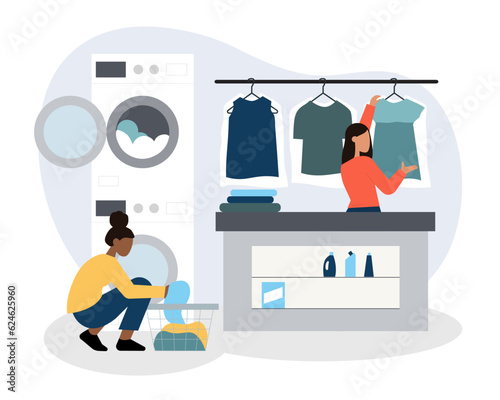 Woman taking out washed clothes and inspecting it. Lady checking dress. Concept of public laundry and dry cleaning. Flat vector illustration in blue colors in cartoon style