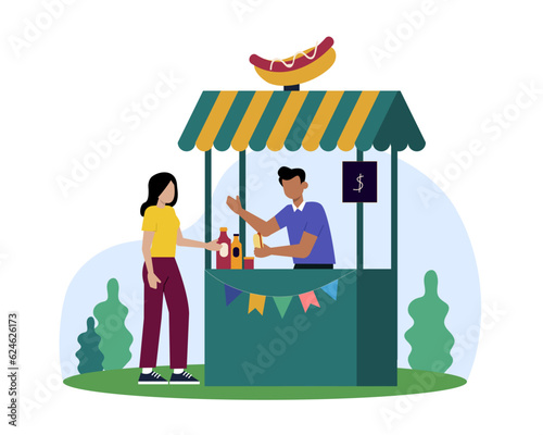 Adult male selling street food outdoors. Kiosk with fast food and coffee, summer trading tents with vendors and customers. Flat vector illustration in cartoon style