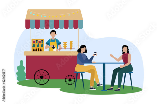 Man selling ice-cream, females drinking coffee. Selling food outdoors. Kiosk with fast food and coffee, summer trading tents with vendors and customers. Flat vector illustration in cartoon style