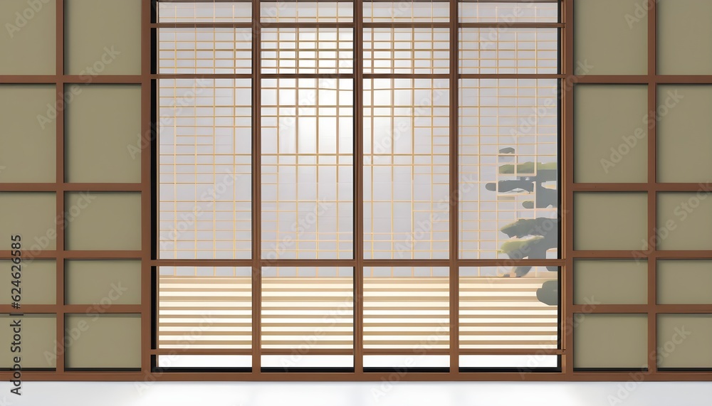 wooden Japanese shoji window for Asian interior design decoration, background and wallpaper, AI Generated
