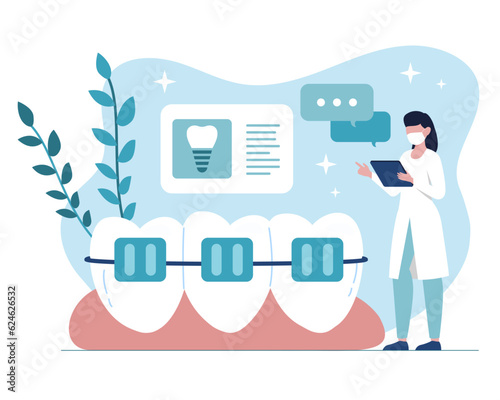 Orthodontist providing dental treatment with bracket system, consulting patients online. Dentist examining teeth quality. Flat vector illustration in blue colors in cartoon style