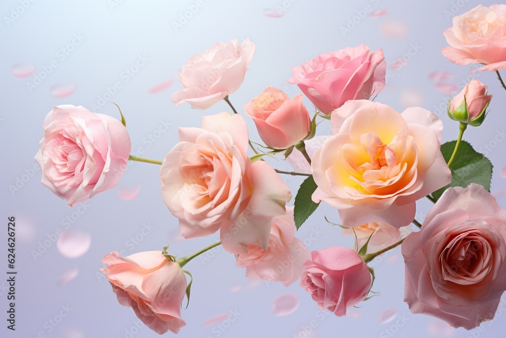 close up of rose flowers flying in the air, levitation,rainbow palete,white lighting on pink pastel background, copy space