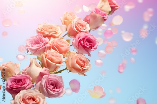close up of rose flowers flying in the air  levitation rainbow palete white lighting on pink pastel background  copy space