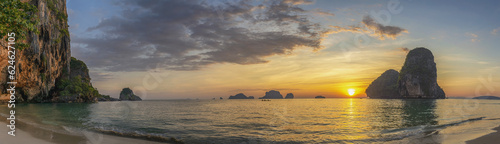 Tropical islands sunset view with ocean sea water at Phra Nang Cave Beach  Krabi Thailand nature landscape panorama