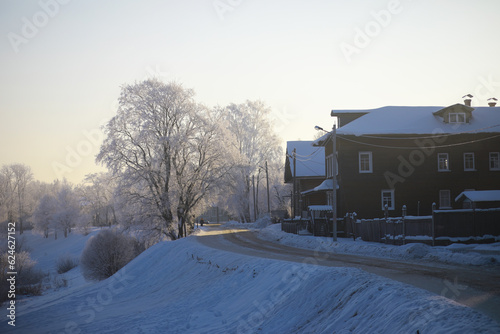Winter landscape. Fairy-tale beauty of snow-covered streets. Snowfall and cooling in tourist areas.