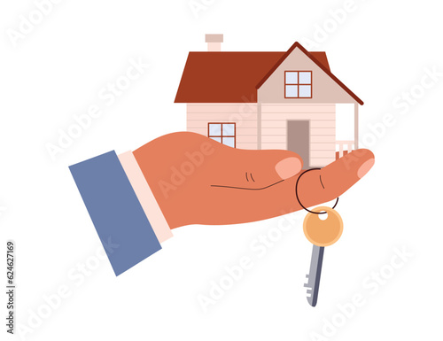 Holding a house and key in hand, housing deal, property purchase, real estate agency, mortgage loan vector illustration