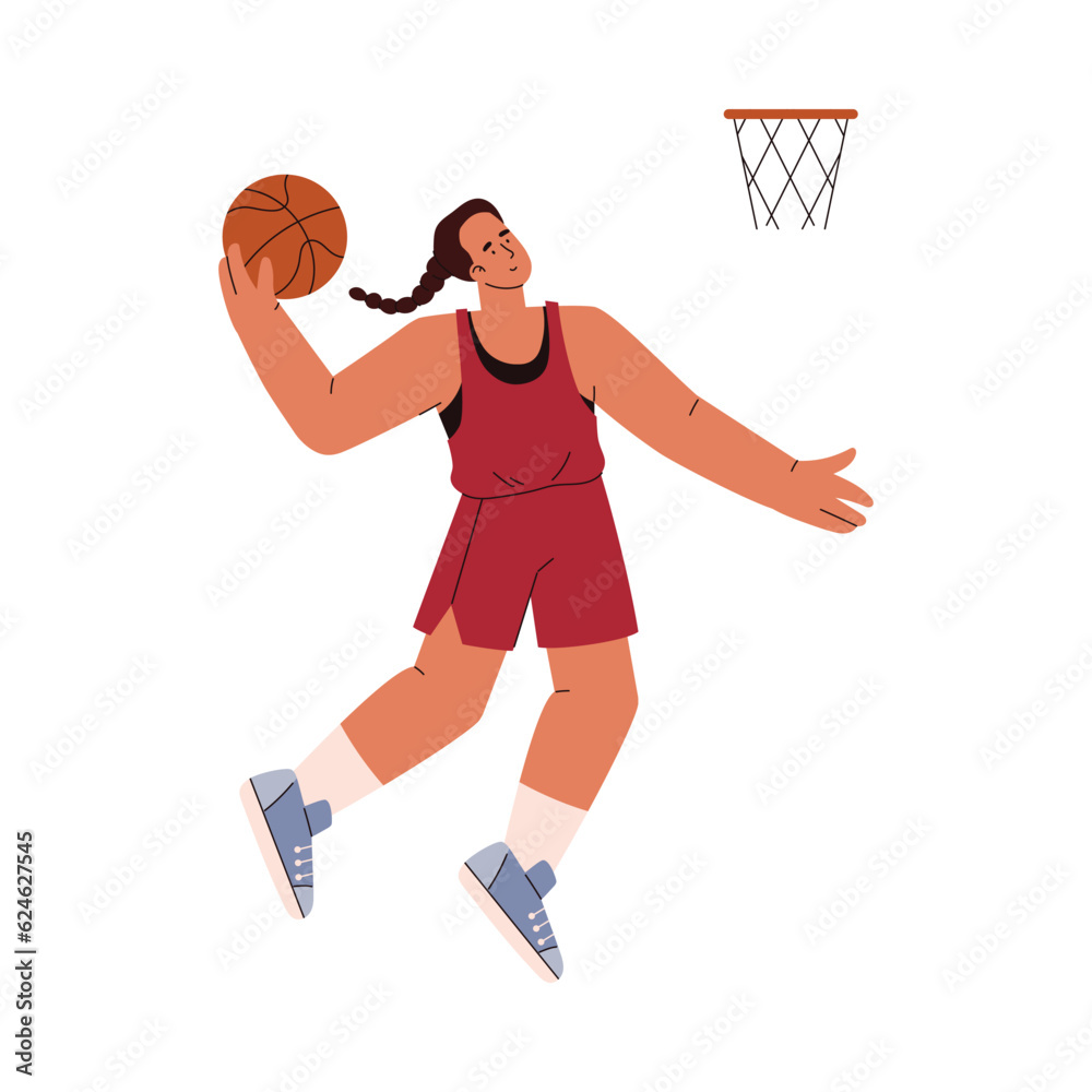 Basketball player woman in red uniform in a jump preparing to throw the ball into the hoop, vector isolated illustration