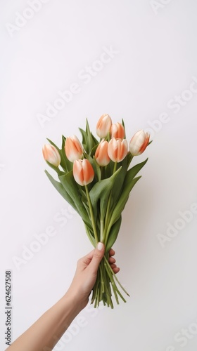 Hand holding a beautiful bouquet of tulip flowers. Isolated on a light wall background. Generative AI