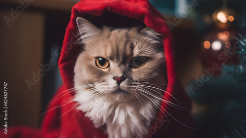 Merry Christmas! Cheerful Cat Wearing Santa Costume  Festive Feline Illustration Celebrating the Holiday Season. generative ai © Meta