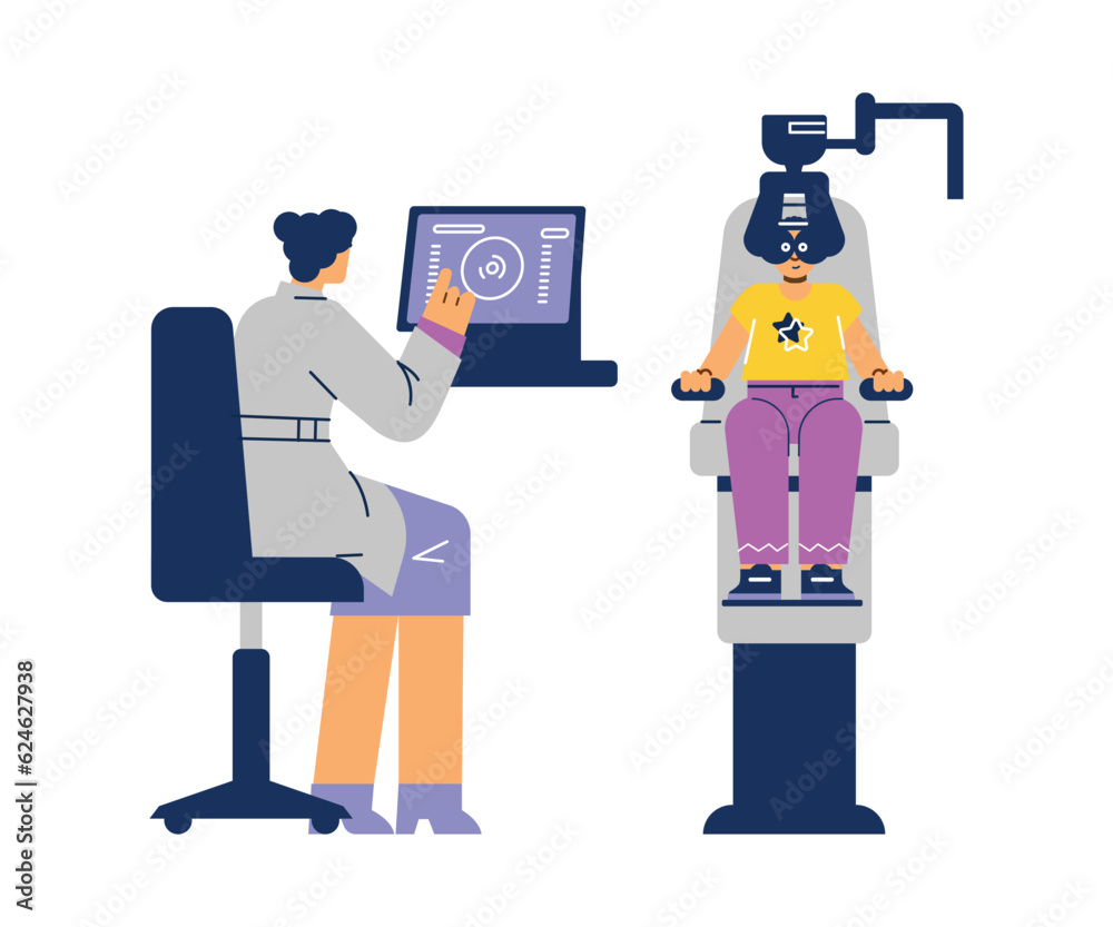 Vector cartoon illustration of ophthalmologist doctor check eyesight using computer, laser correction, vision treatment