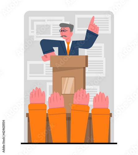 Man stands behind podium elections in company performance in front of public. Modern communication technologies, messenger. Flat vector illustration in cartoon style