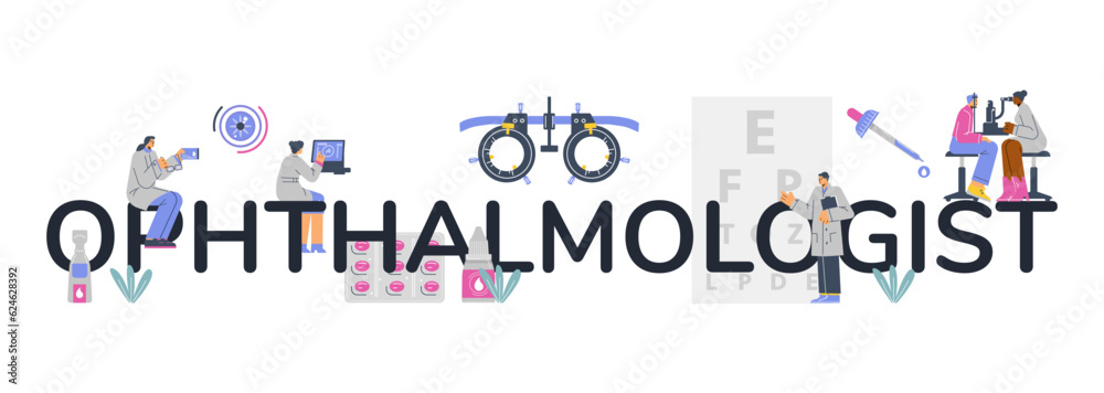 Ophthalmology services banner or site header, flat vector illustration isolated.