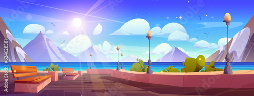 Cartoon ocean embankment promenade landscape scene. Seaside cartoon nature panoramic background with lantern, bench and sea water. on sunny day. Beautiful scandinavian waterfront exterior to walk