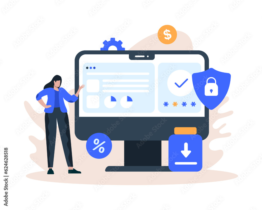 Female standing near computer and checking account safety. Online banking and services with different gadgets. Financial investments and services concept. Flat vector illustration Female standing near computer and checking account safety. Online banking and services with different gadgets. Financial investments and services concept. Flat vector illustration