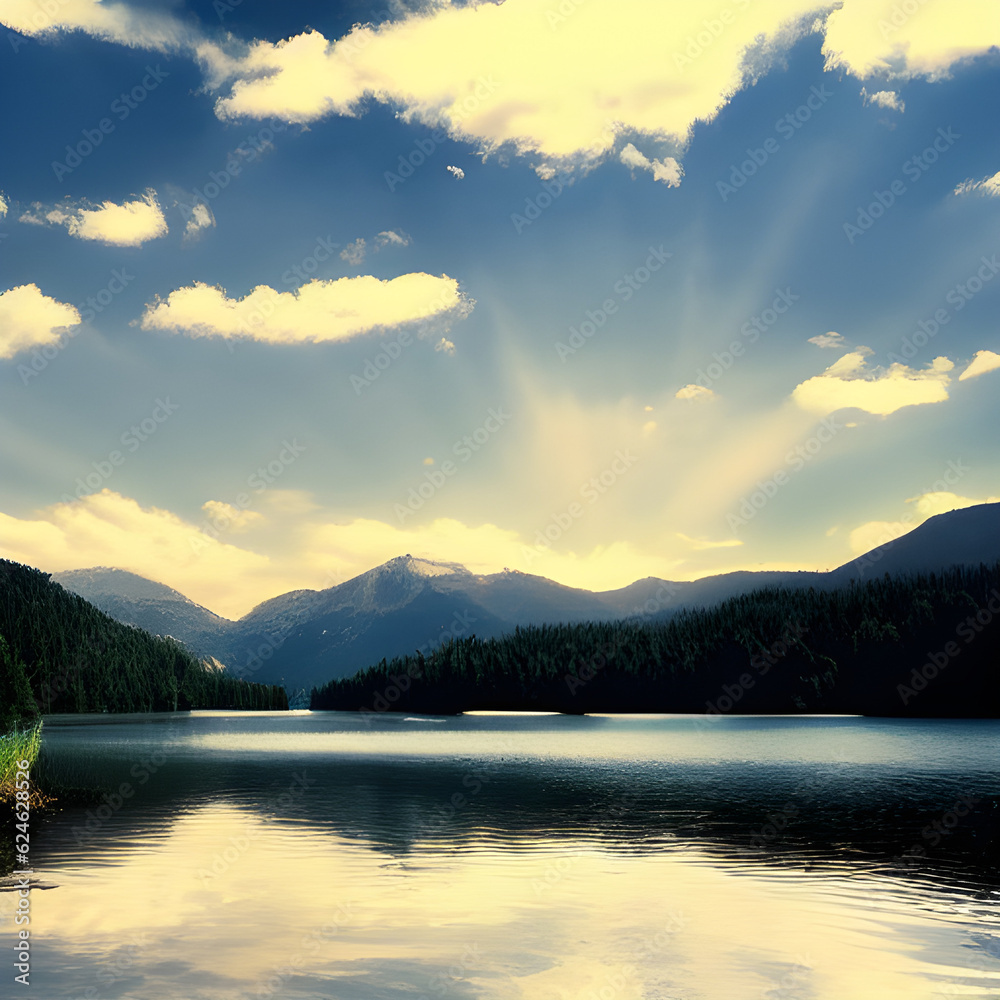 Fototapeta premium 해가 돋는 산과 호수